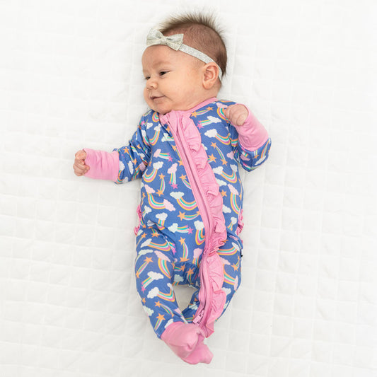 Lavender Rainbows Bamboo Ruffle Convertible Footie