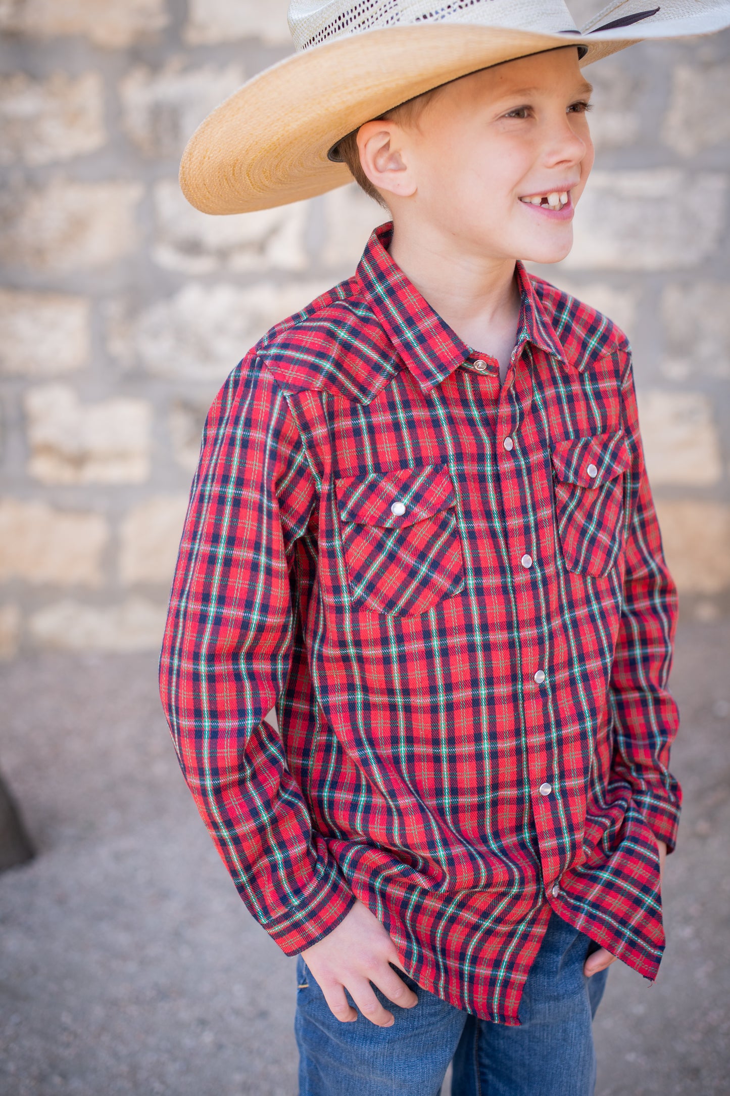 Holiday Plaid Pearl Snap Flannel – Boys Long Sleeve Shirt