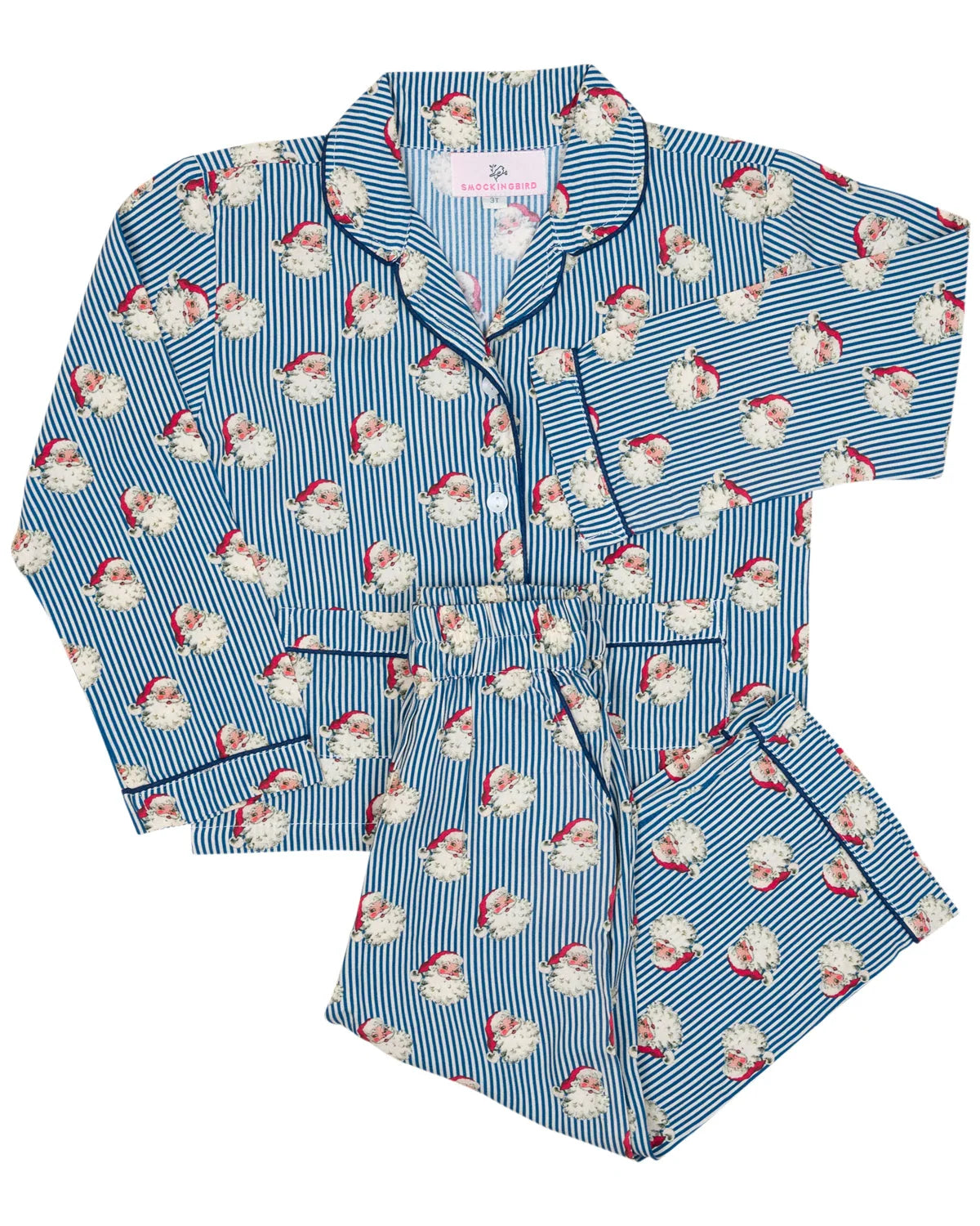 Smockingbird Navy Blue Striped Vintage Santa Christmas Pajama Set for Kids