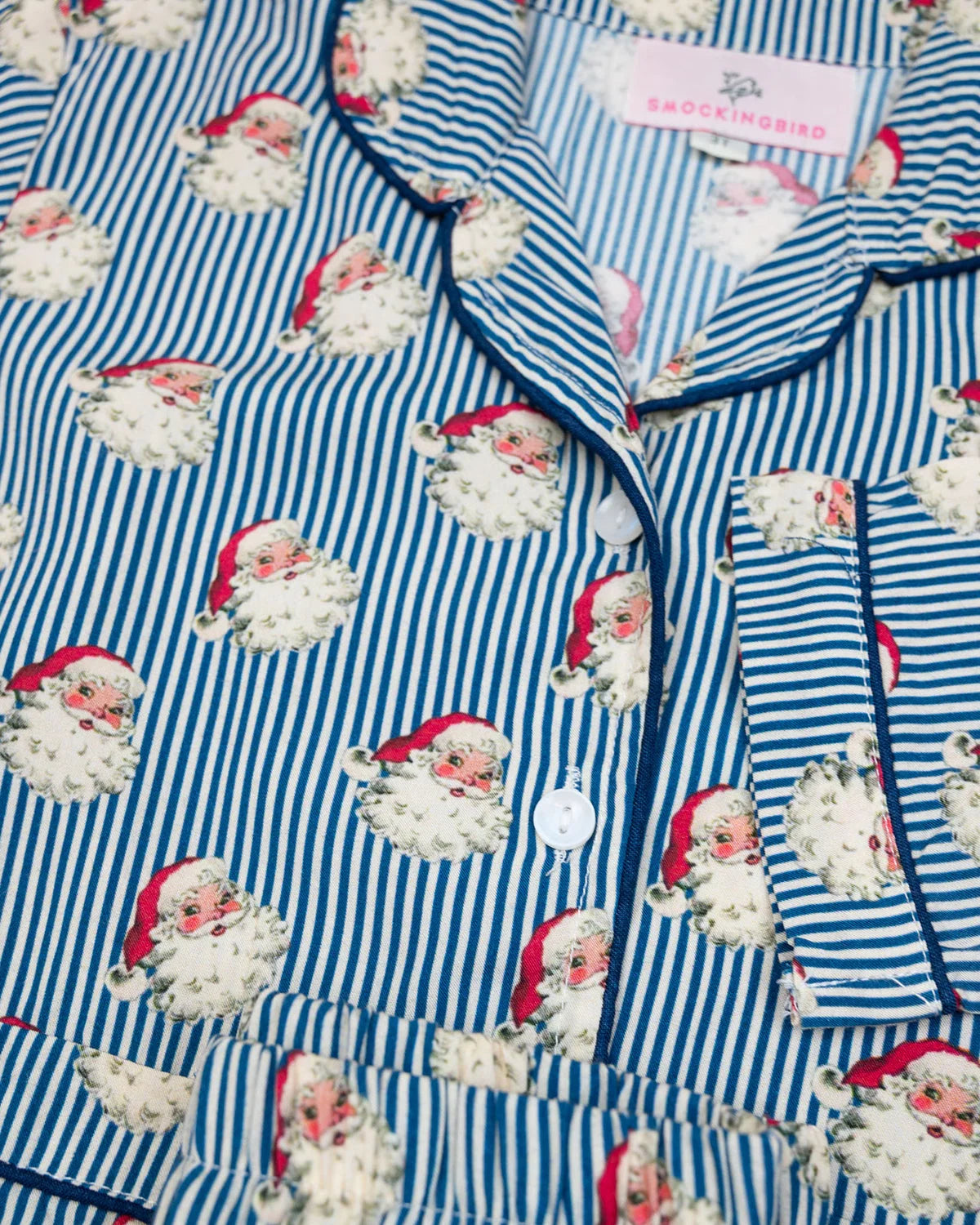 Smockingbird Navy Blue Striped Vintage Santa Christmas Pajama Set for Kids