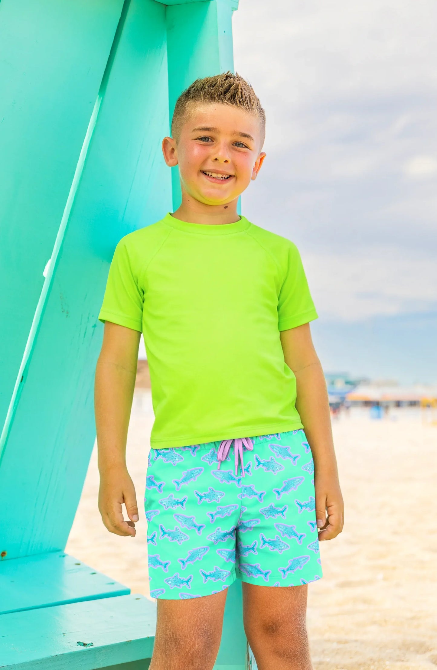 Boys Neon Shark Print Board Shorts with UPF 50+ | Louisiana Kids Swim Trunks