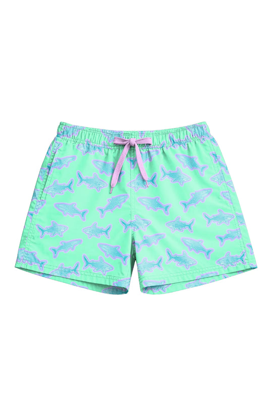 Boys Neon Shark Print Board Shorts with UPF 50+ | Louisiana Kids Swim Trunks