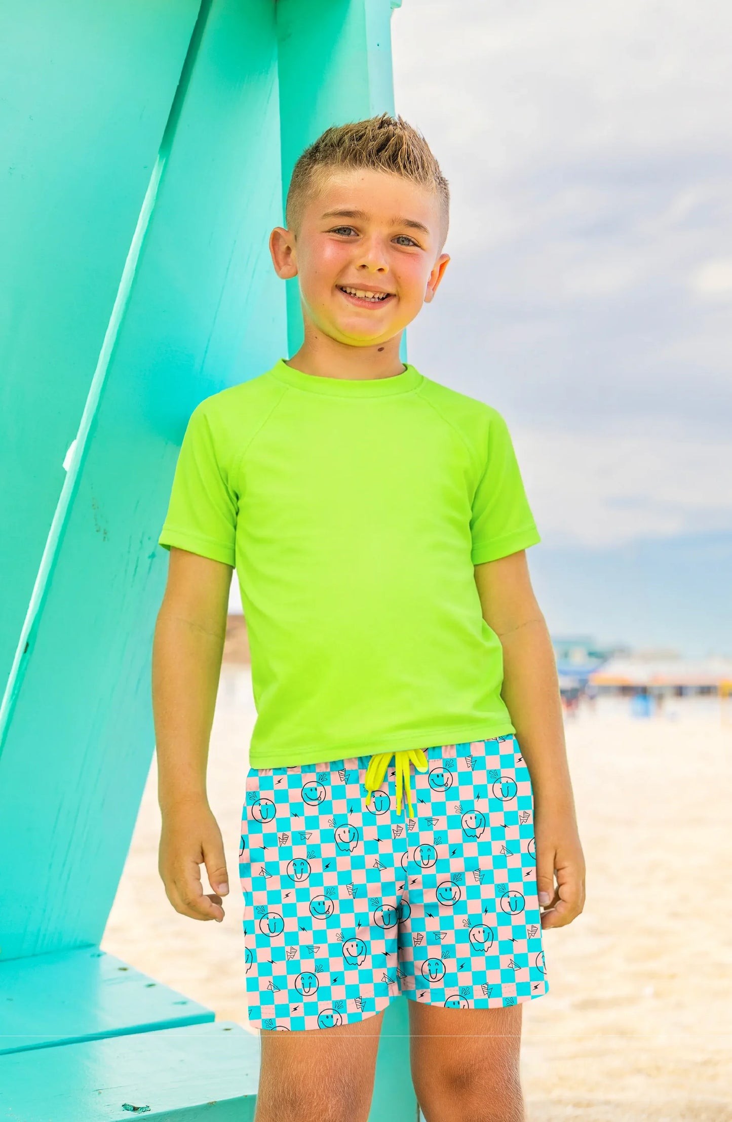 Boys Retro Checkerboard Smiley Swim Trunks | Bossier City Boutique
