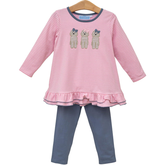 Puppy Dog Applique Girls Ruffle Tunic & Blue Leggings Set