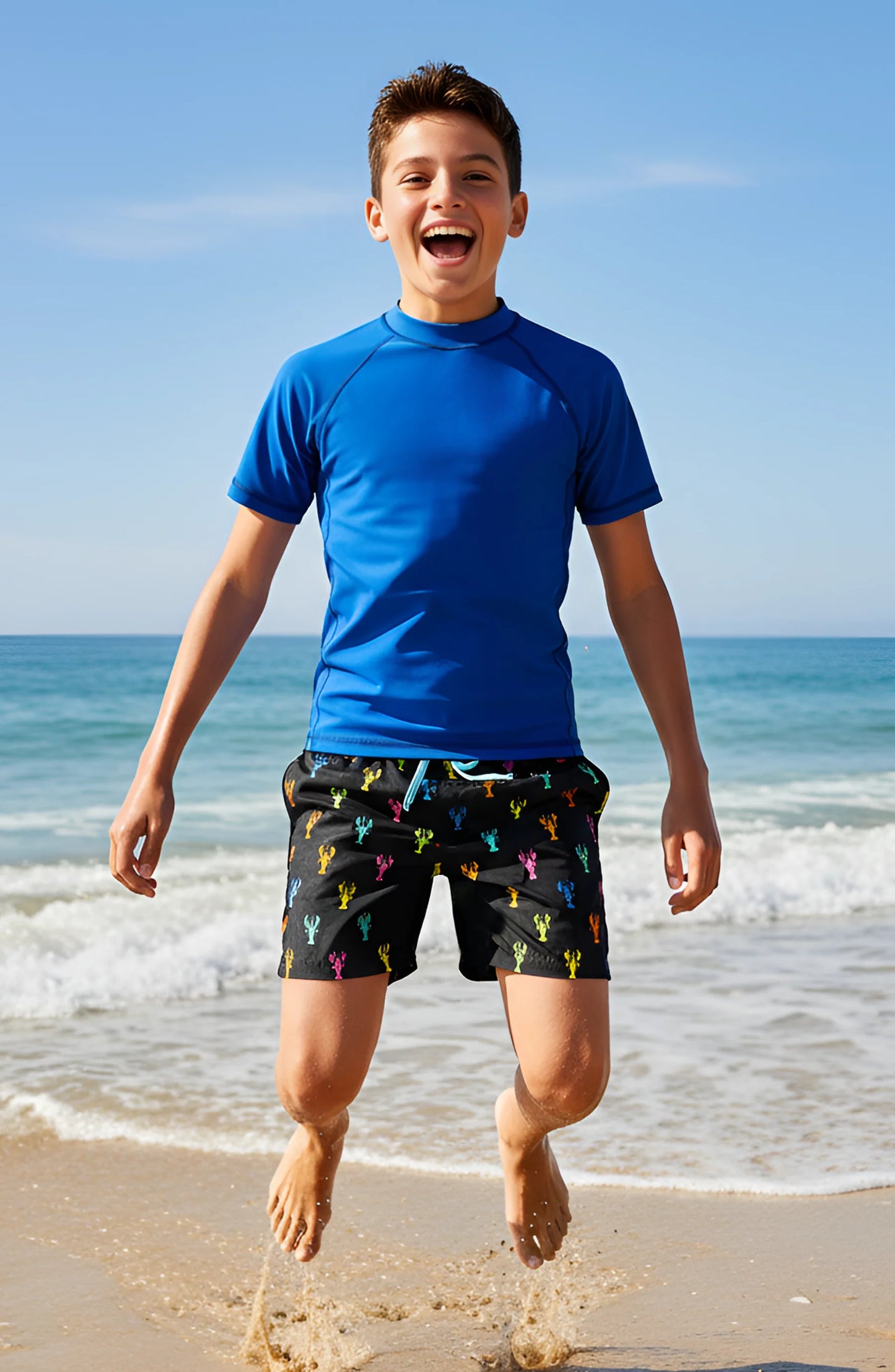 Boys Multicolor Crawfish & Lobster Print Board Shorts with UPF 50+ | Louisiana Kids Swimwear
