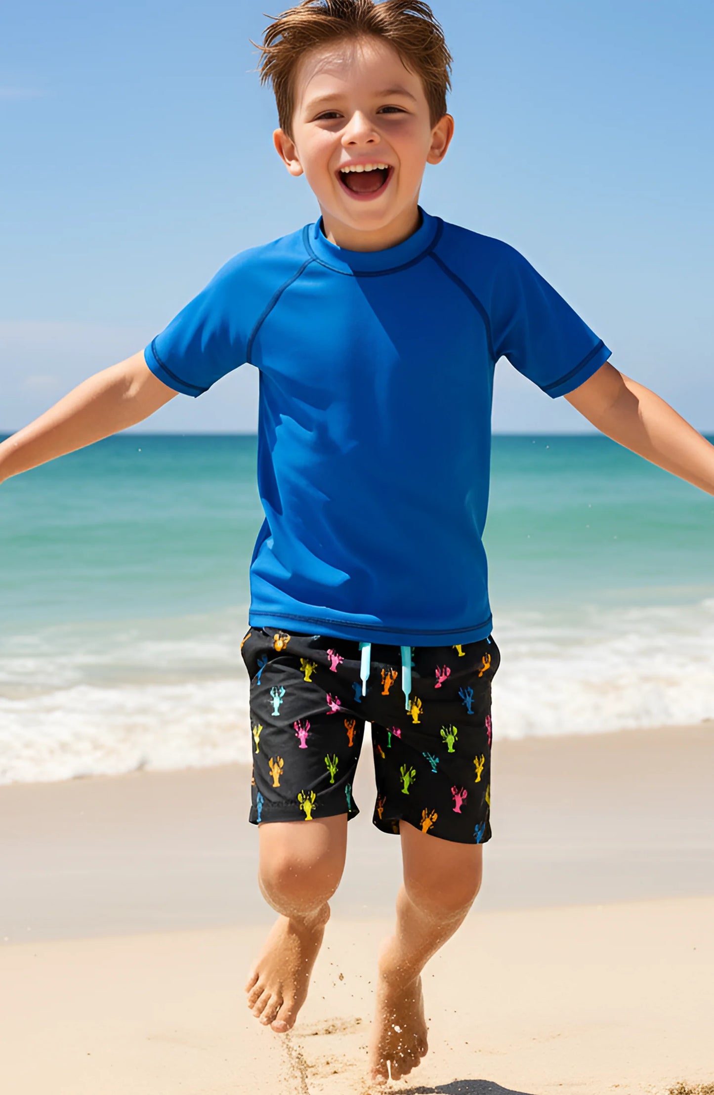 Boys Multicolor Crawfish & Lobster Print Board Shorts with UPF 50+ | Louisiana Kids Swimwear