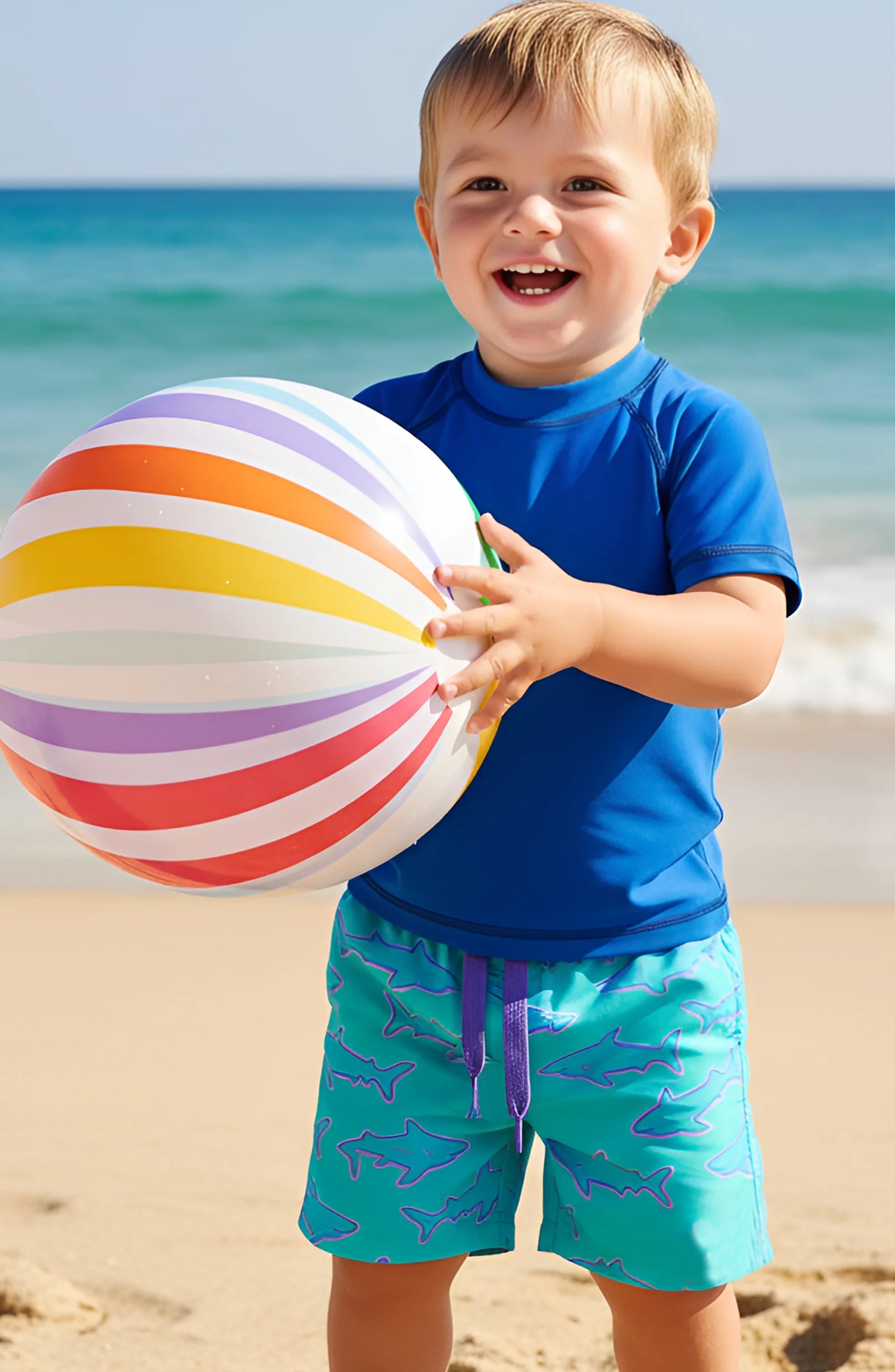 Boys Neon Shark Print Board Shorts with UPF 50+ | Louisiana Kids Swim Trunks