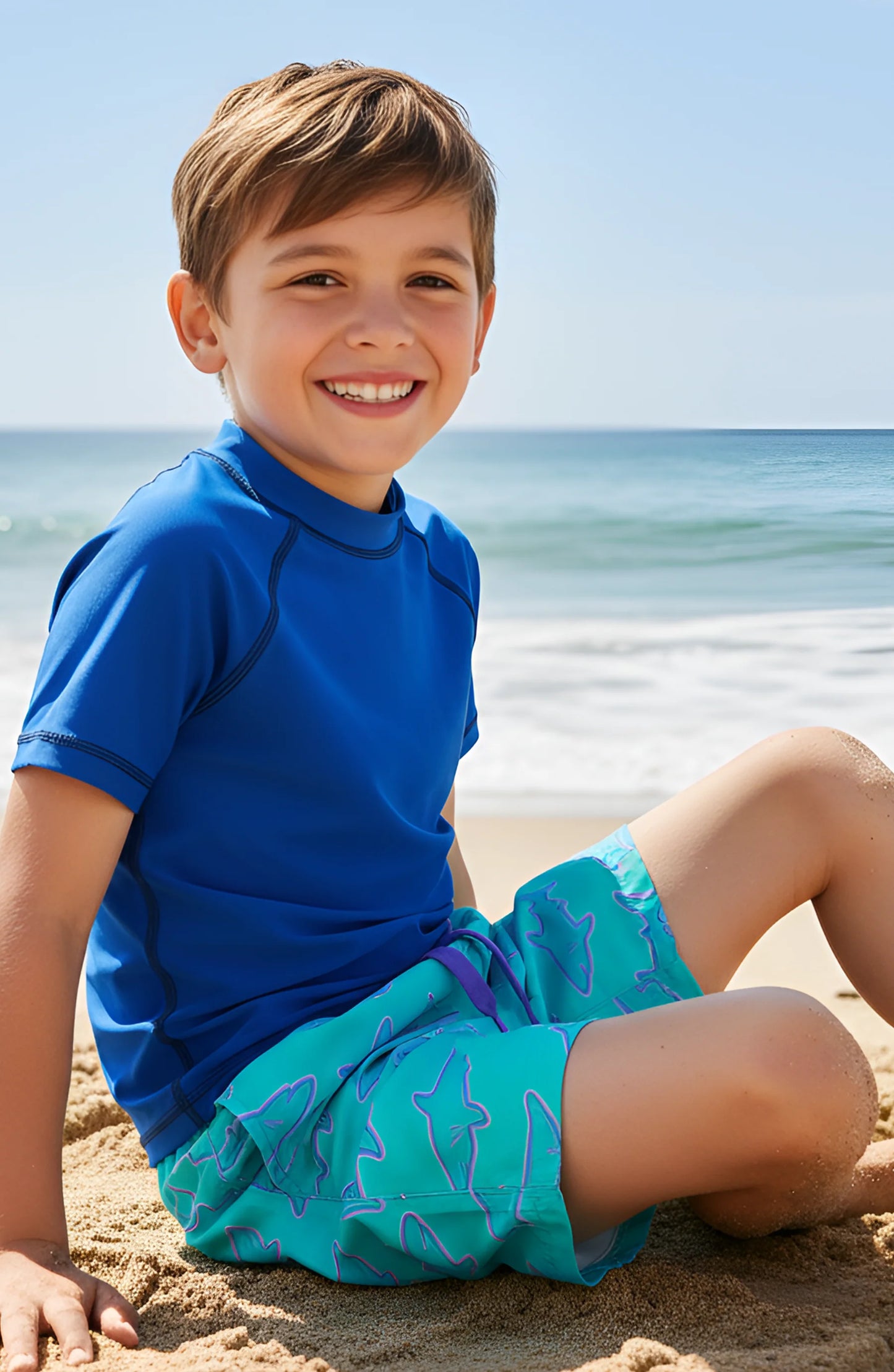 Boys Neon Shark Print Board Shorts with UPF 50+ | Louisiana Kids Swim Trunks