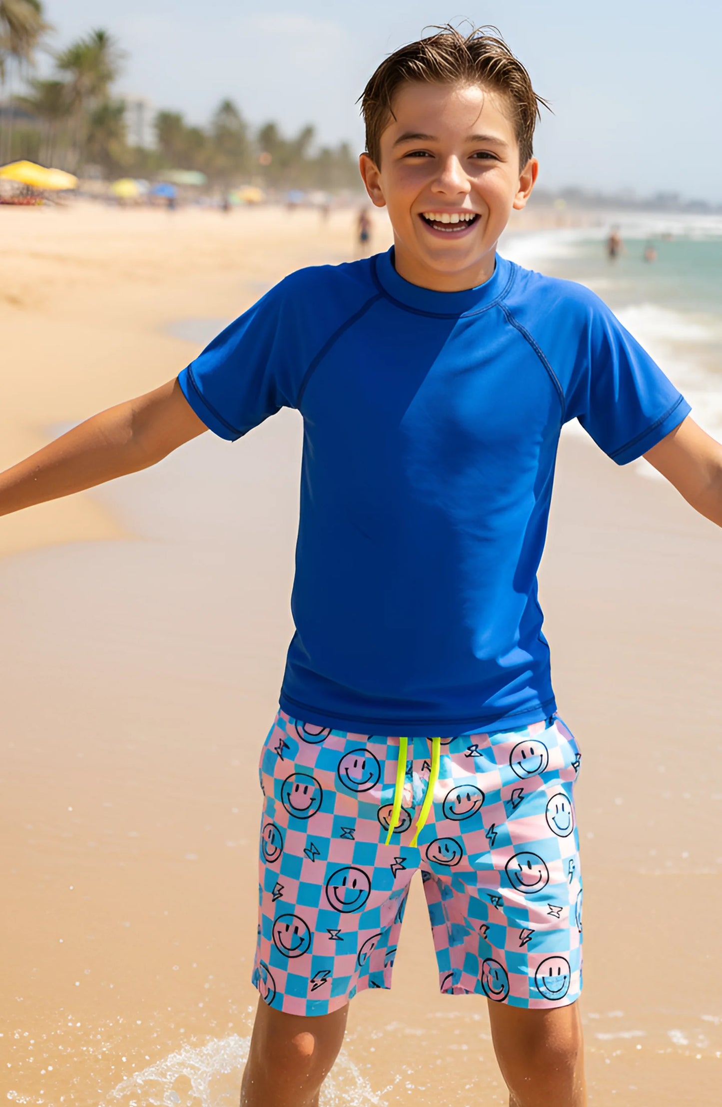 Boys Retro Checkerboard Smiley Swim Trunks | Bossier City Boutique