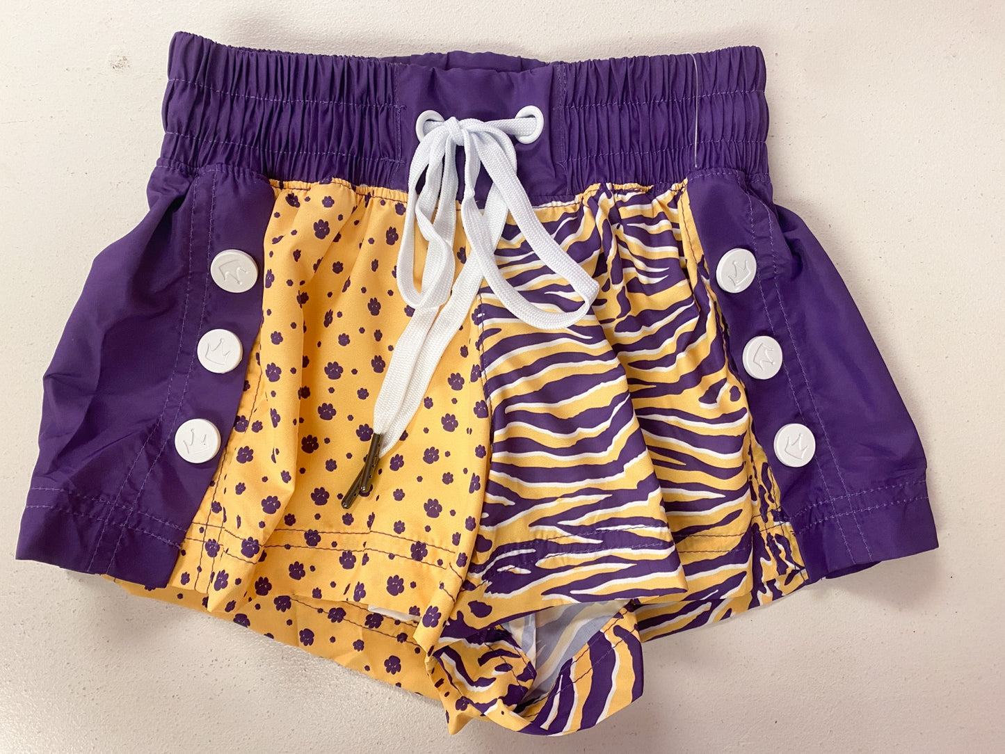 Azarhia Tigers Paws & Stripes Color Block Girls Shorts | Purple & Gold Game Day Athletic Shorts