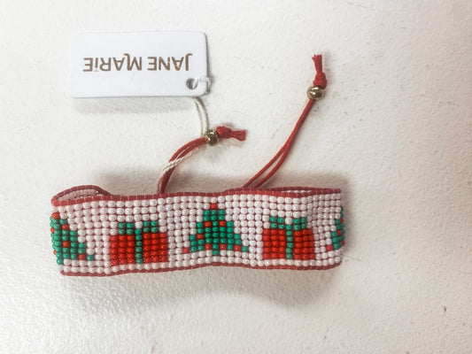 Christmas Present Beaded Band Bracelet – Red, Green & White Adjustable Holiday Bracelet