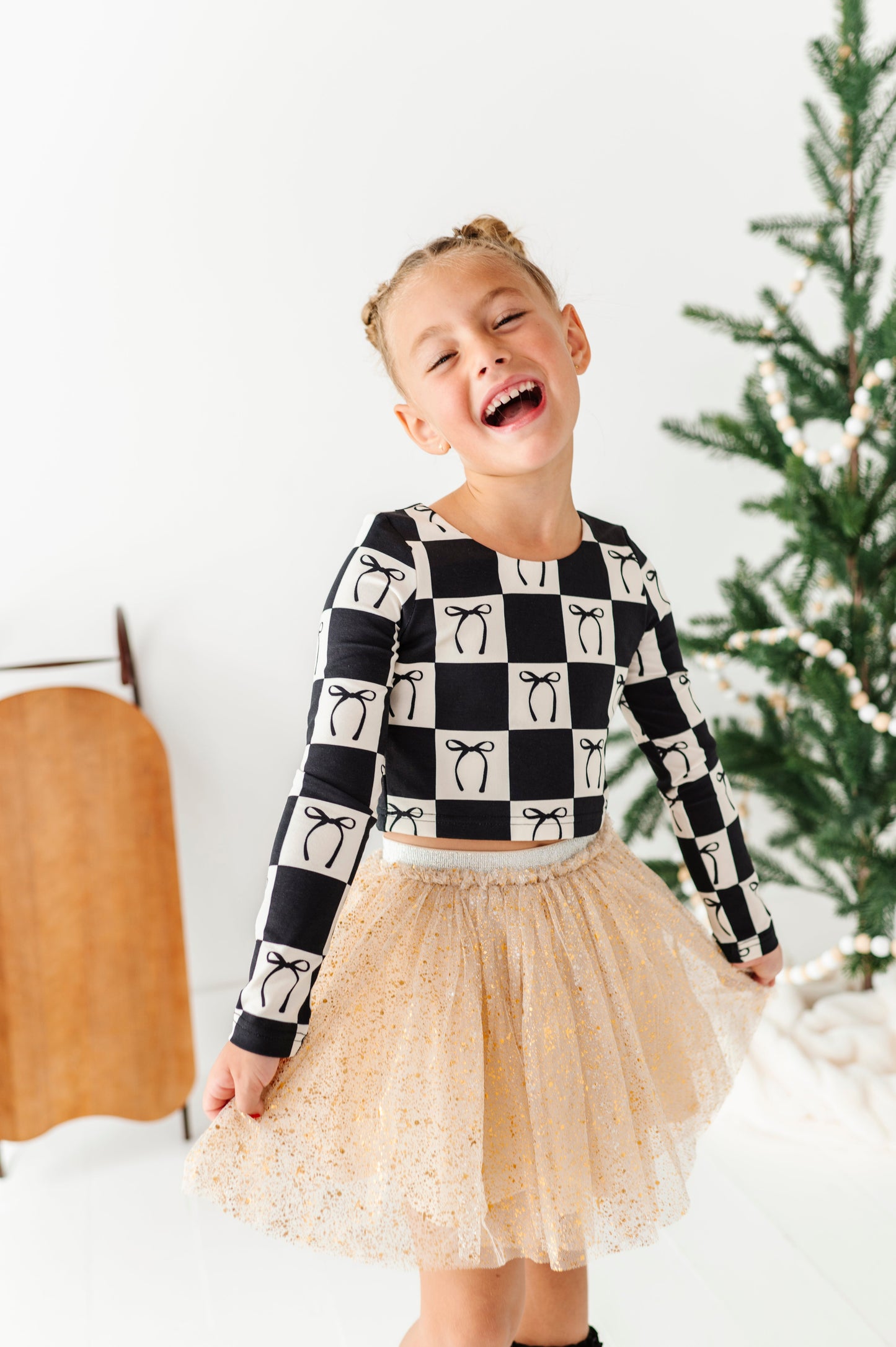 Checkered Bow | CROPPED Bow Back Long Sleeve Top