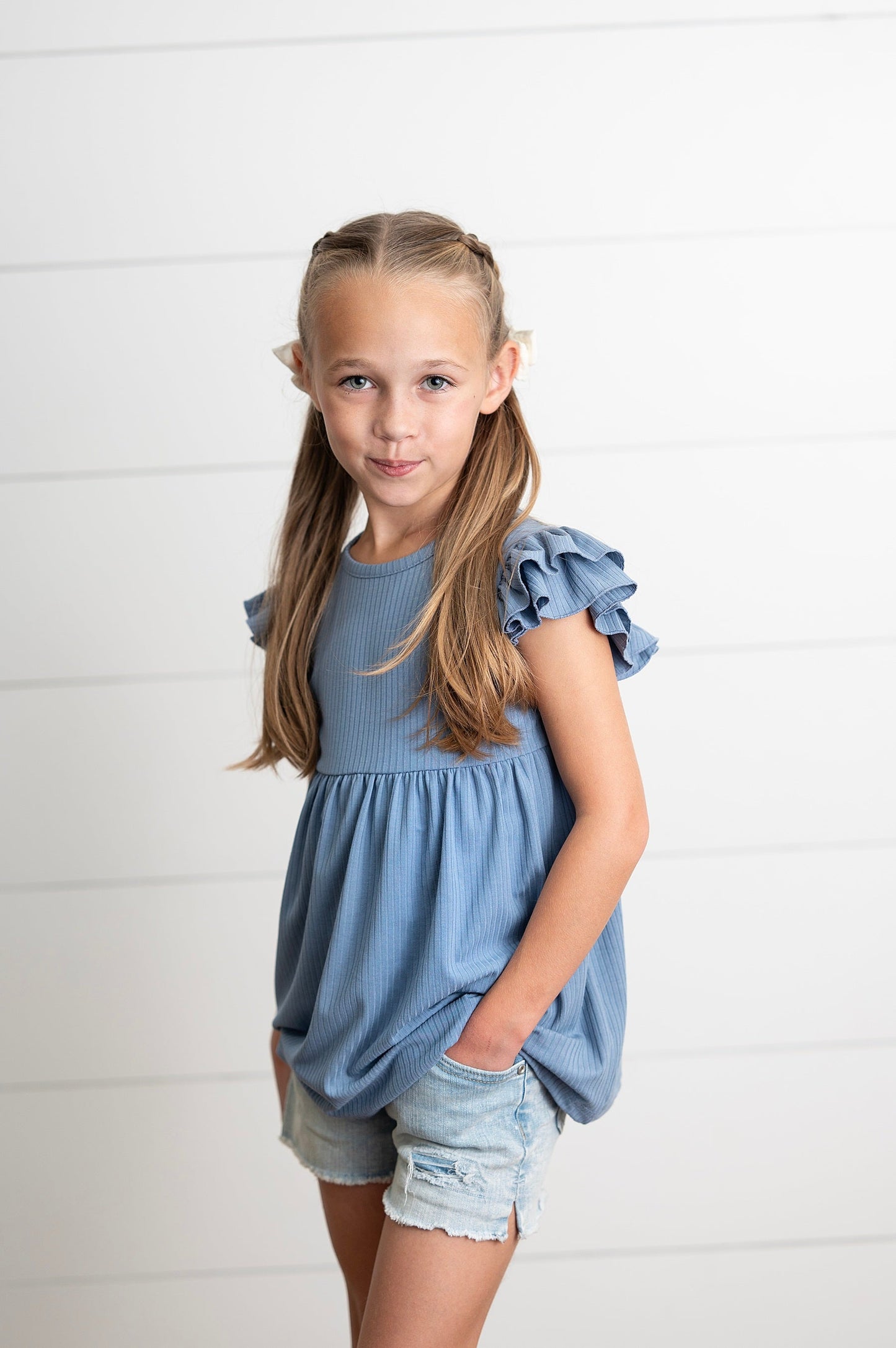 Ella Dusty Blue Ribbed Flutter Shirt