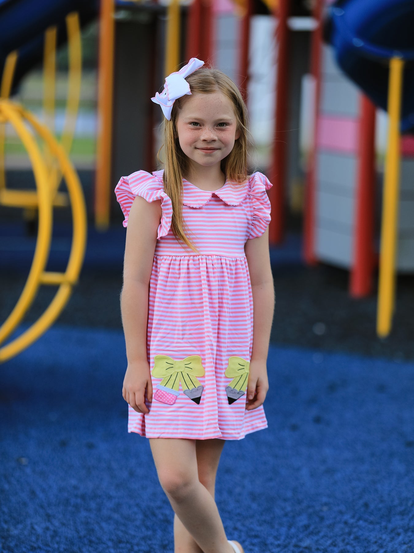 Girls Back To School Bow Pencil Twirl Dress Ruffle Petal Collar Applique