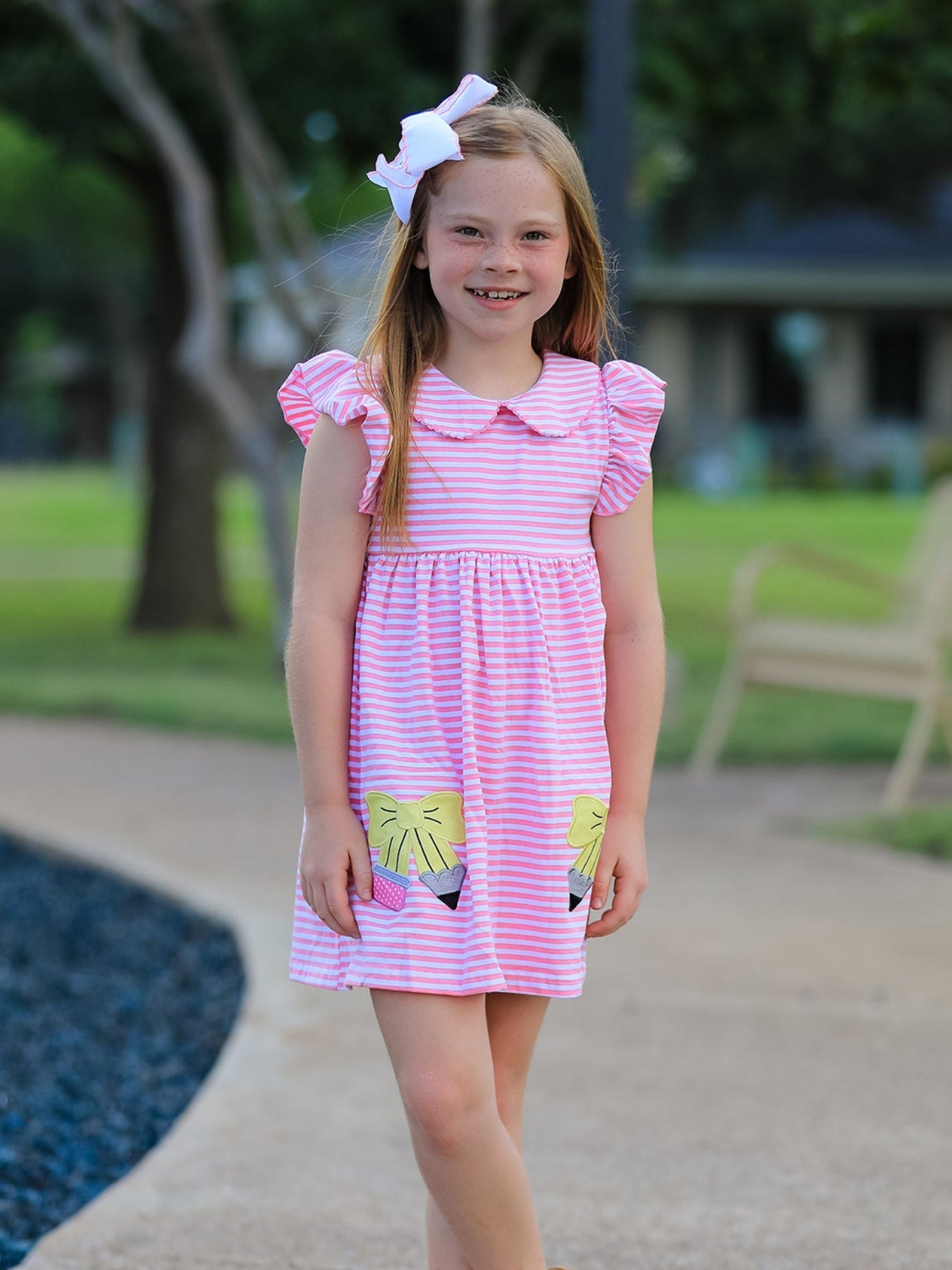 Girls Back To School Bow Pencil Twirl Dress Ruffle Petal Collar Applique