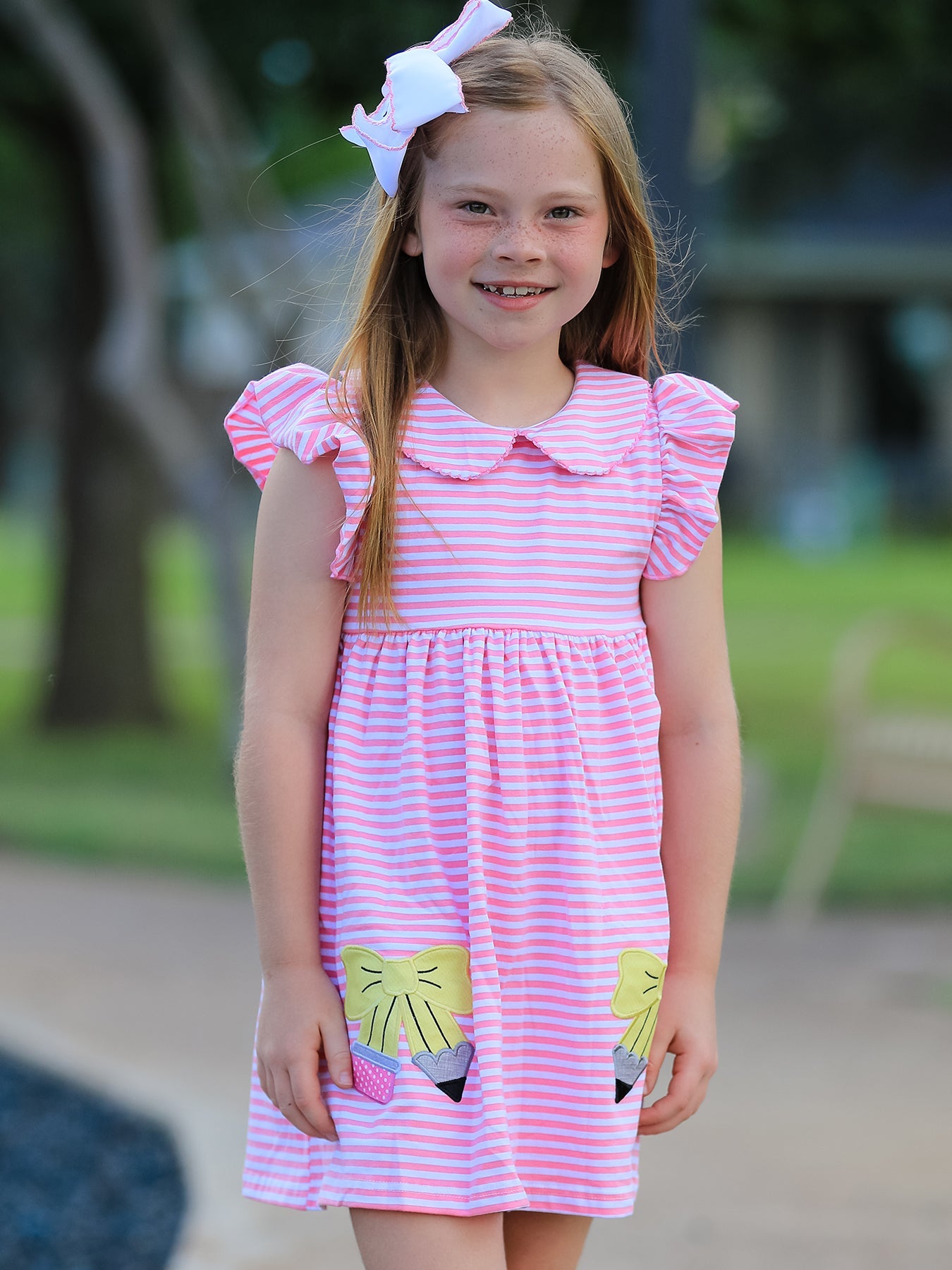Girls Back To School Bow Pencil Twirl Dress Ruffle Petal Collar Applique