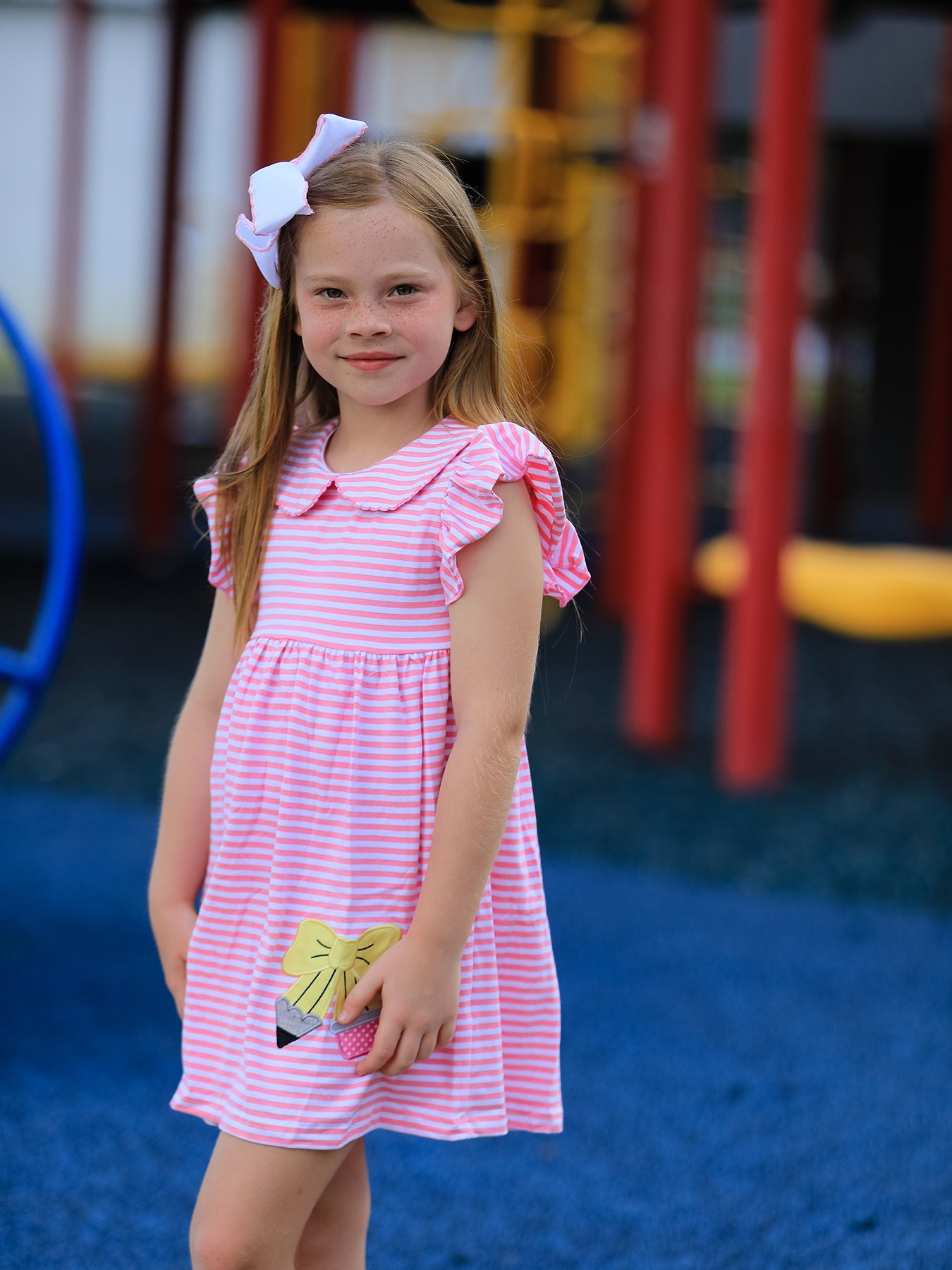 Girls Back To School Bow Pencil Twirl Dress Ruffle Petal Collar Applique