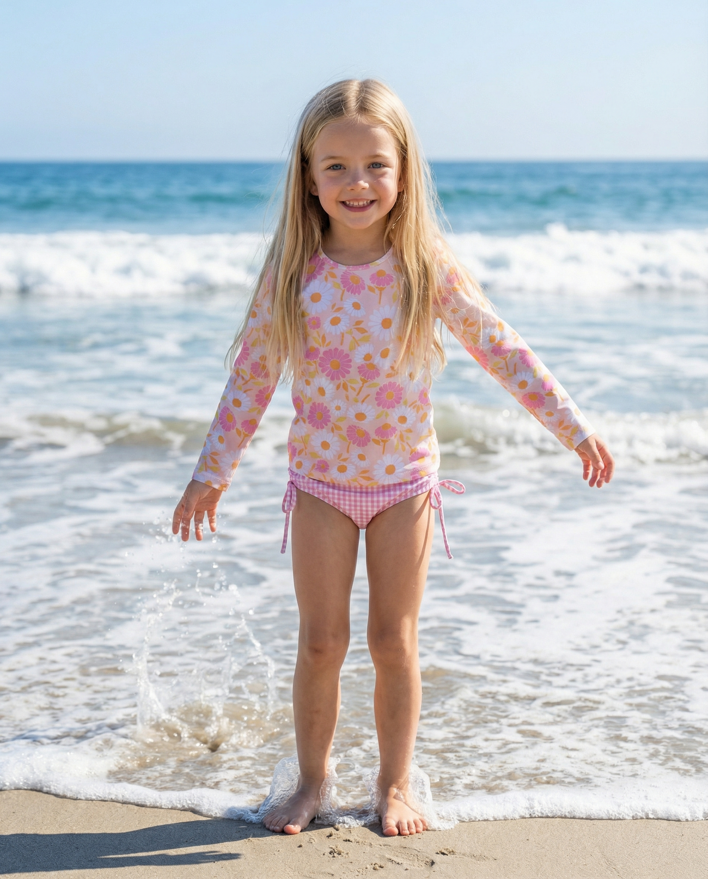 Emily Daisy Check Long Sleeve Rash guard Swimsuit