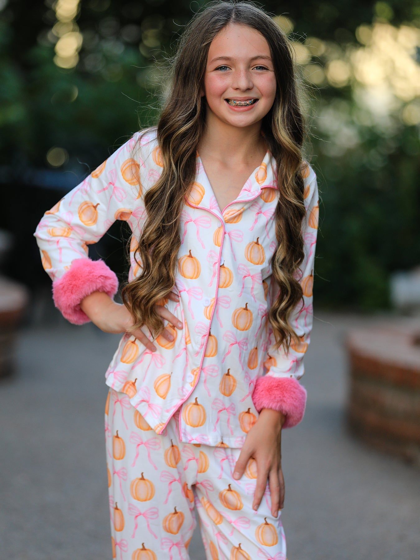 Halloween Thanksgiving Pumpkin Bow Fur Pajama Set