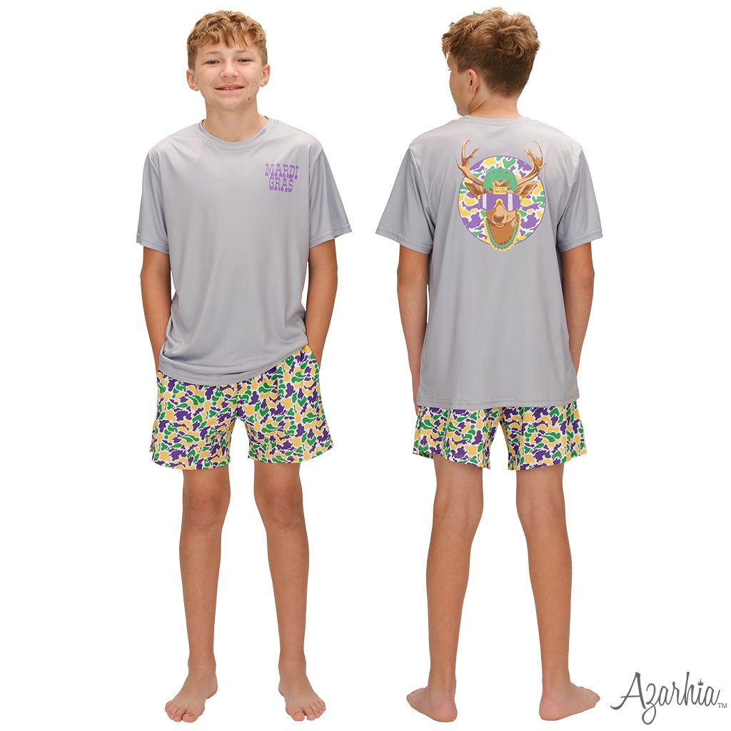 Mardi Gras Camo Deer on Gray Short Sleeve T-Shirt
