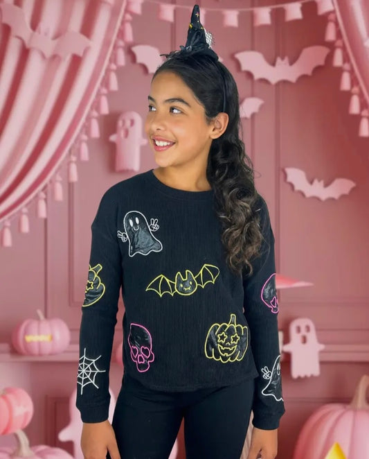 Spooky Appliqué Top-Glitter Halloween Long Sleeve