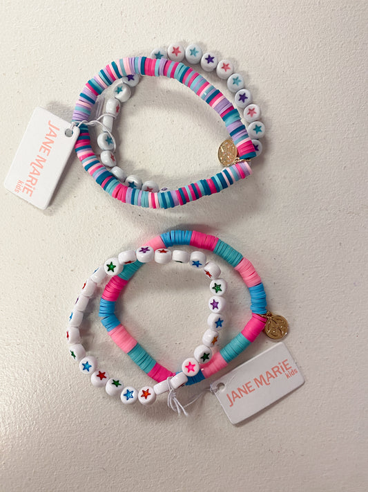 Kids Set of 2, Multi Rubber Disk with Star Beaded Bracelet