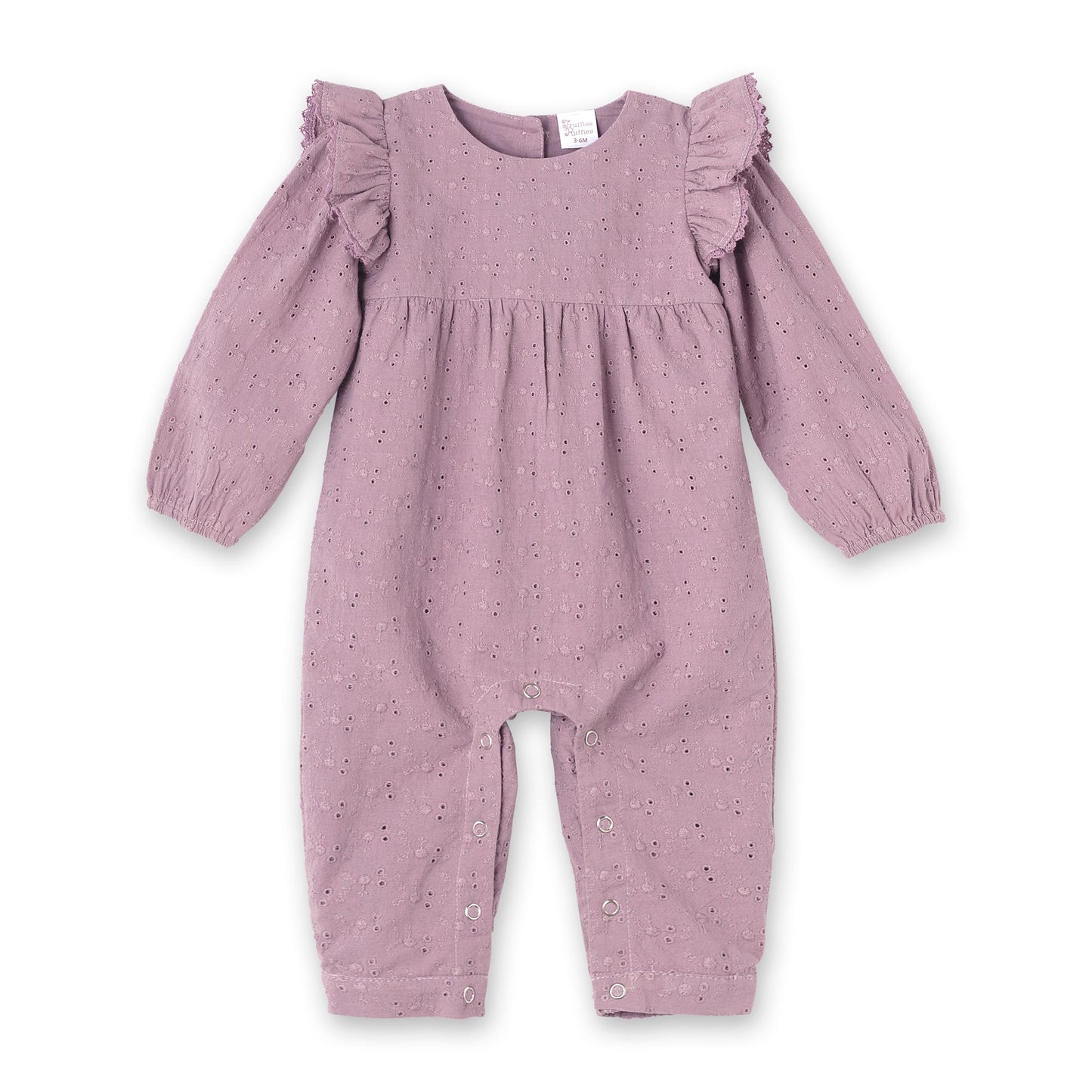 Mauve Eyelet Girls Romper – Embroidered Cotton Ruffle Sleeve