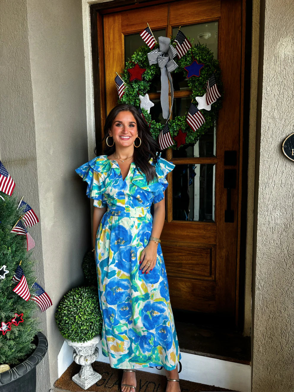 Umgee Floral Maxi Dress – Ruffle Sleeve Watercolor Print (Size Large)