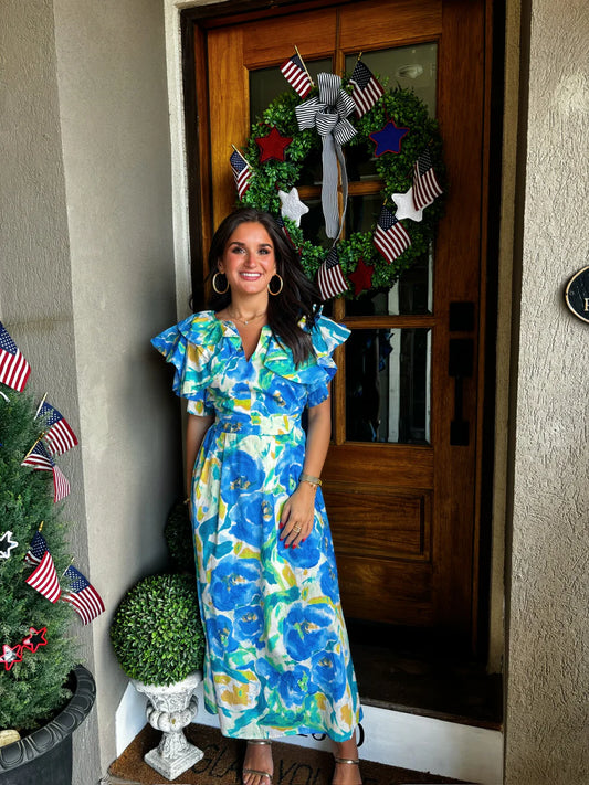 Umgee Floral Maxi Dress – Ruffle Sleeve Watercolor Print (Size Large)
