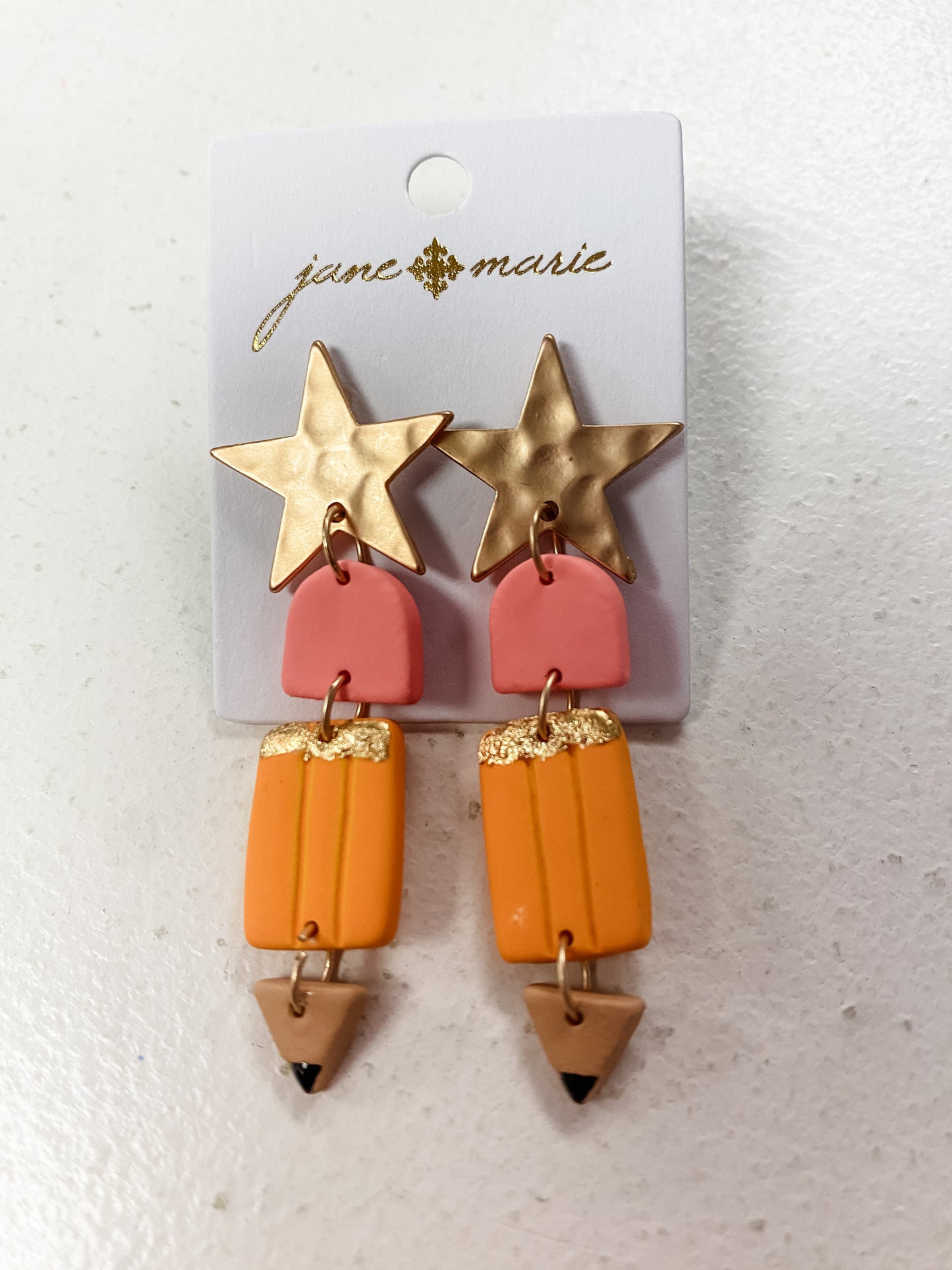Jane Marie Gold Star Pencil Dangle Earrings | Teacher Earrings | Back to School Jewelry | Cute Classroom Gift | Bossier City, LA