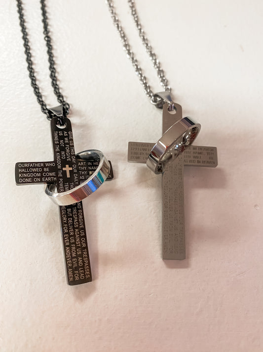 Stainless Steel Lord’s Prayer Cross Necklace with Spinner Ring – Black or Silver