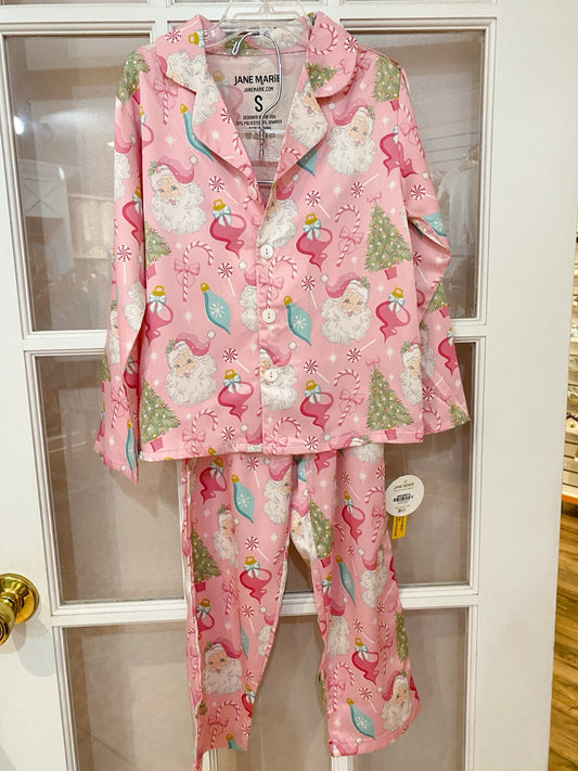 Pink Retro Santa Satin Loungewear Set – Two-Piece Holiday Pajamas