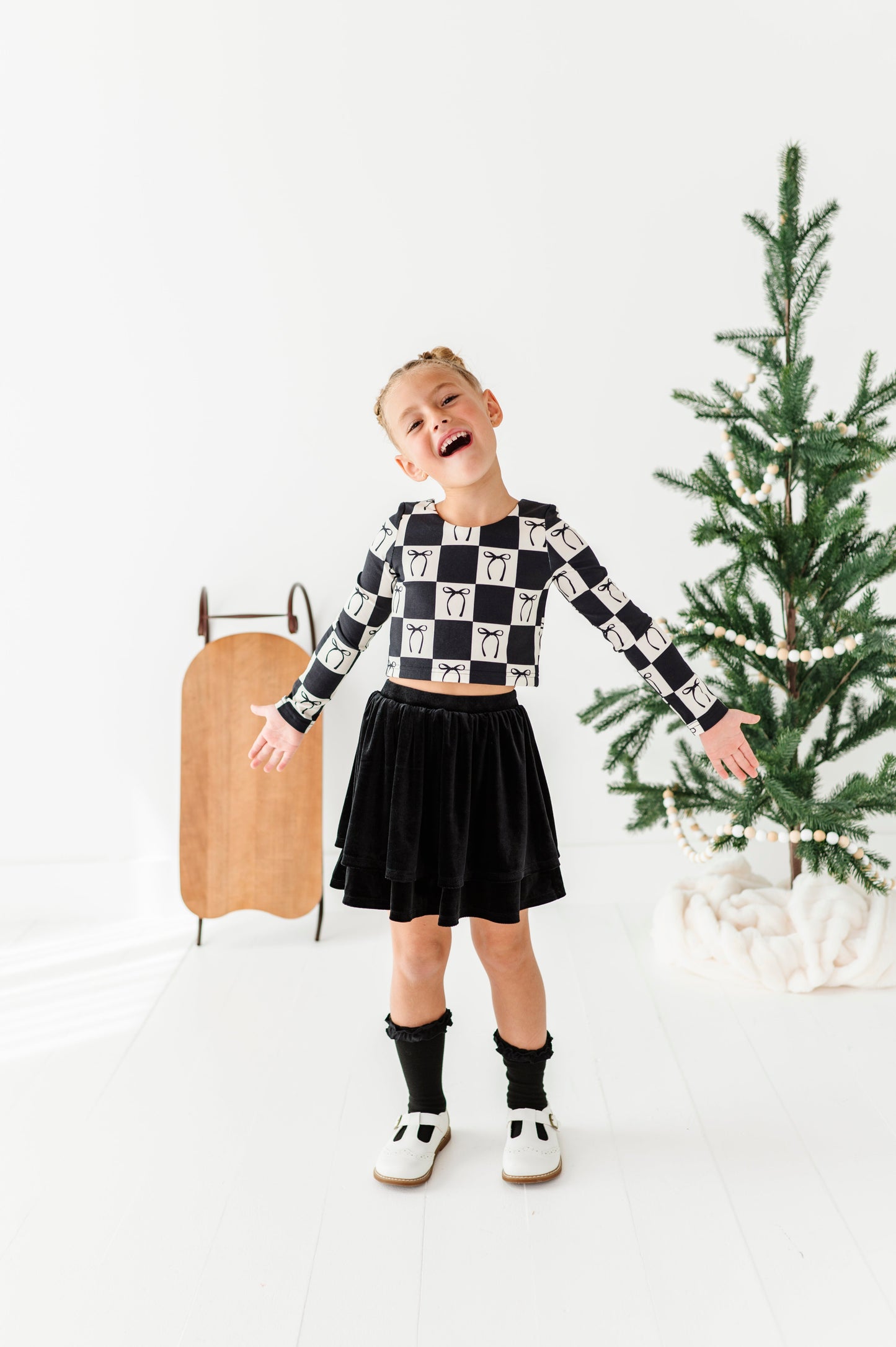 Checkered Bow | CROPPED Bow Back Long Sleeve Top