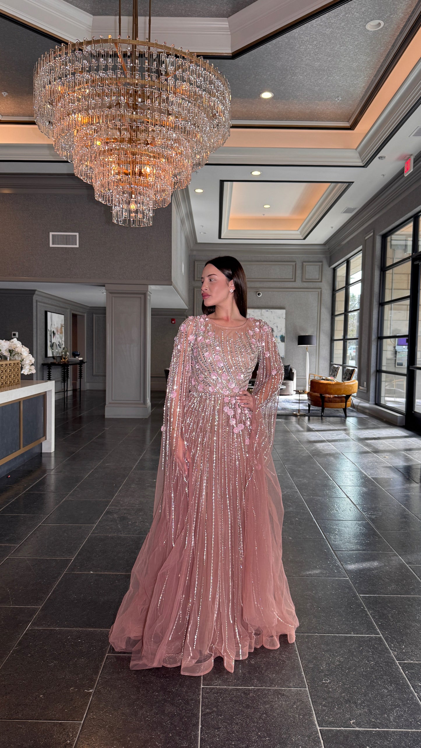 Inaya Long Drape Sleeves Beaded A-line Gown