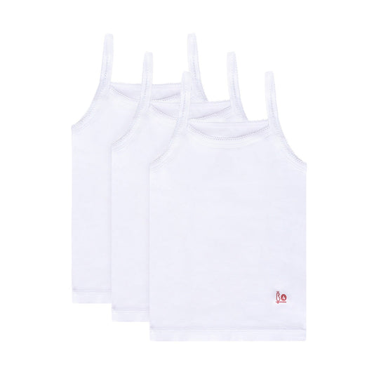 Feathers Girls Solid White Snug Fit Tagless Cami Vest - 100% Cotton Super Soft Undershirts (3/Pack)