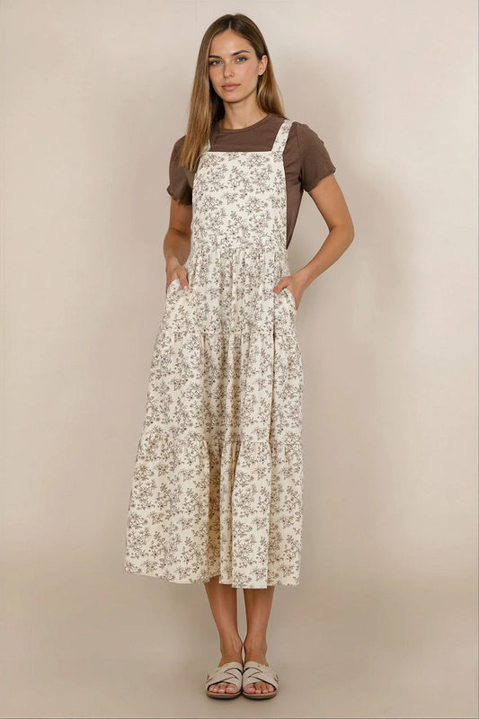Shay Overall Dress in Cream & Brown Floral