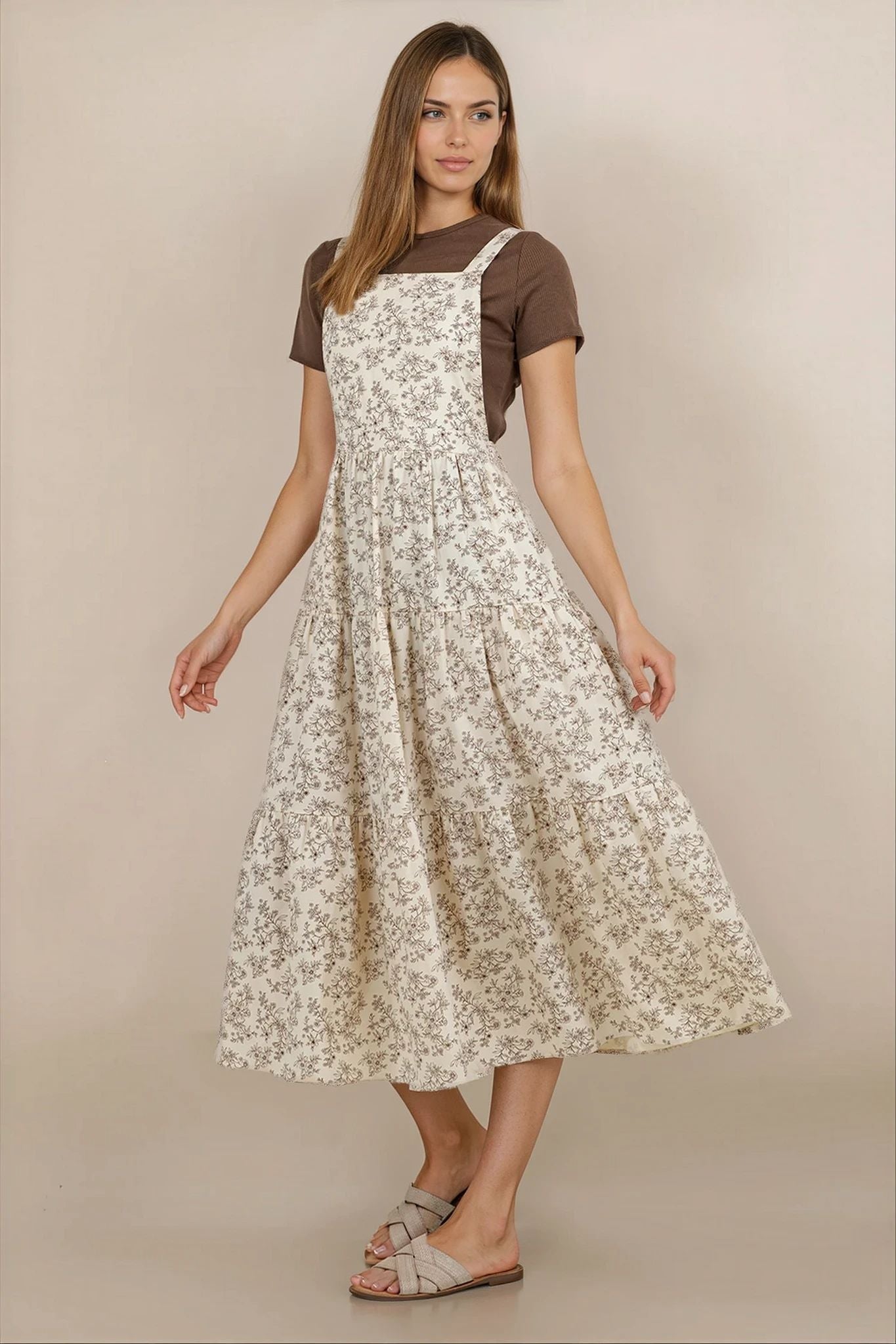 Shay Overall Dress in Cream & Brown Floral