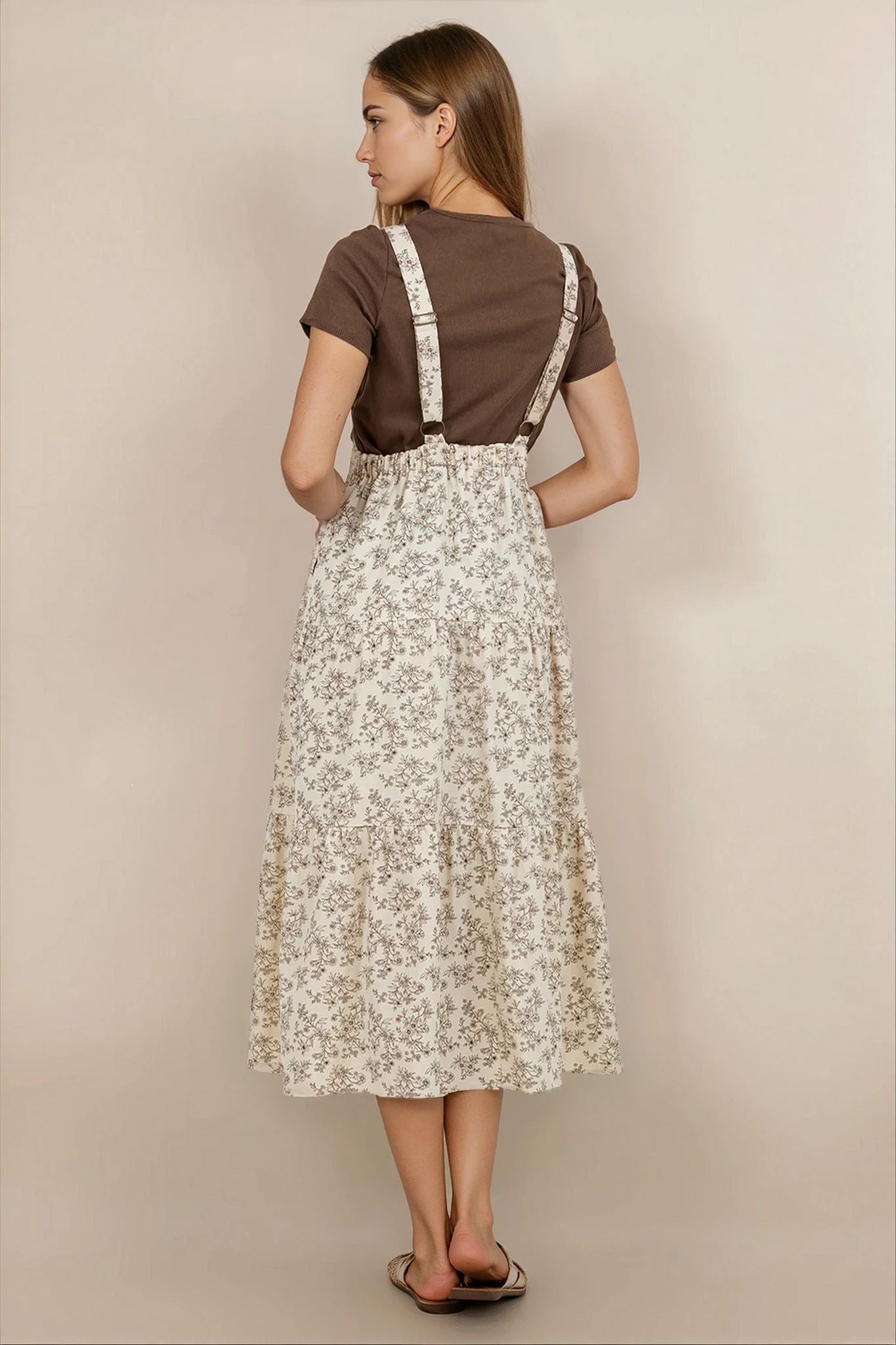 Shay Overall Dress in Cream & Brown Floral