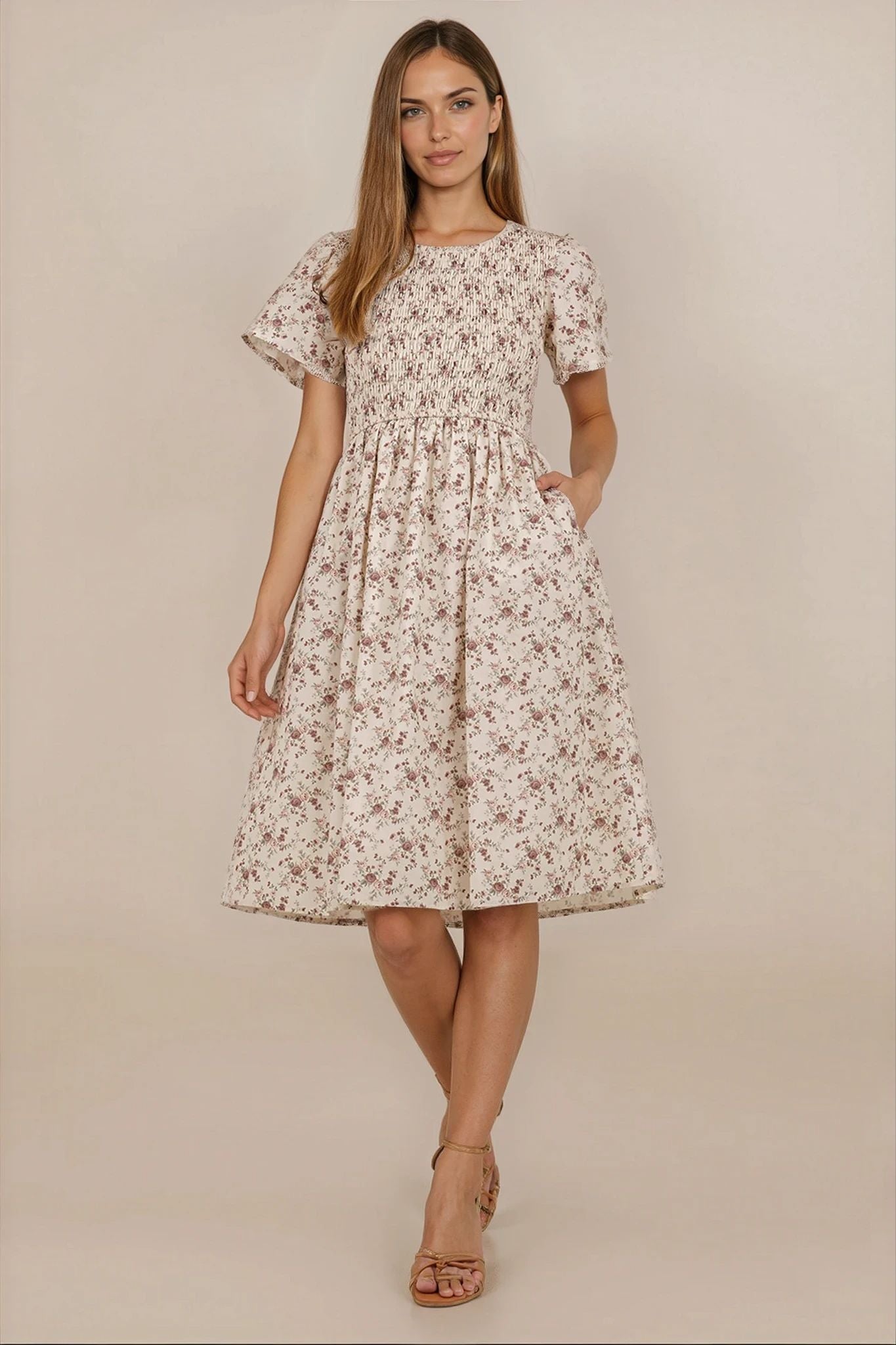 Maylee Dress in Cream Purple Floral