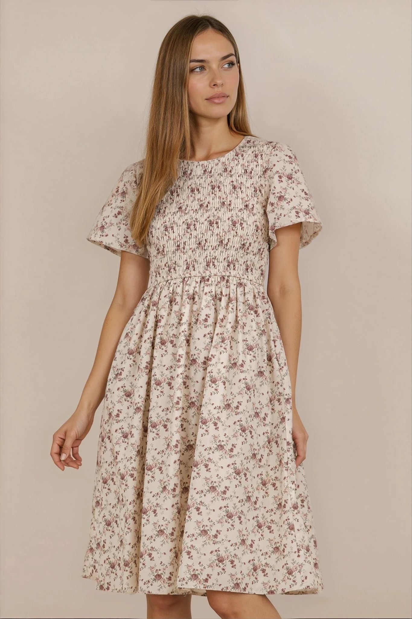 Maylee Dress in Cream Purple Floral