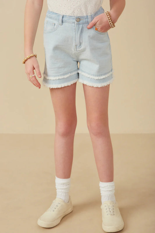 Girls Fray Detail Illusion Hem Denim Shorts