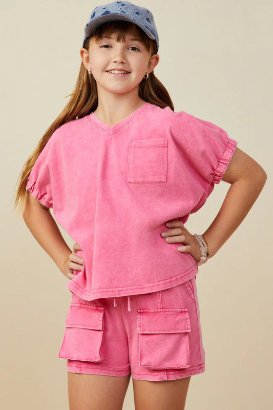 Girls Garment Washed Cargo Patch Pocket Knit Shorts-PINK