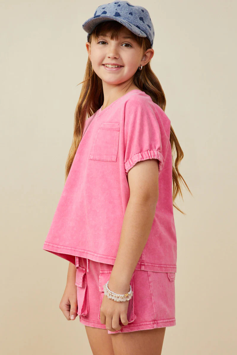 Girls Garment Washed Cargo Patch Pocket Knit Shorts-PINK