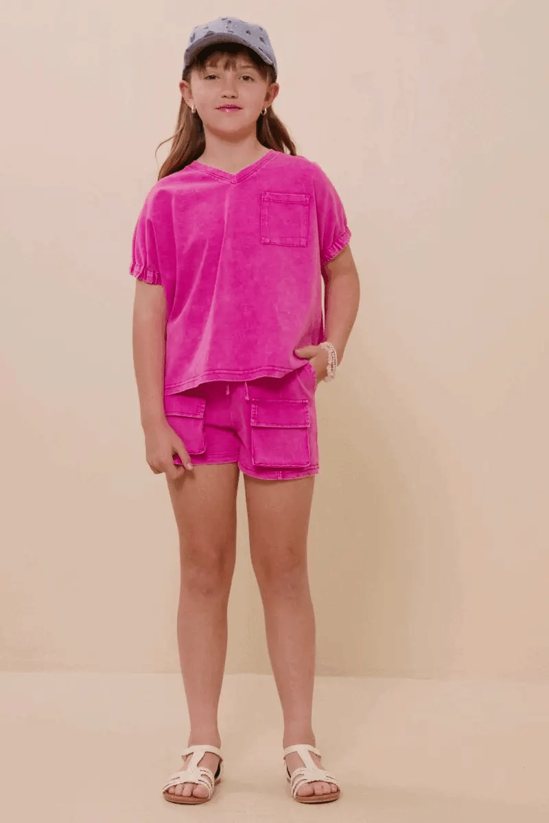 Girls Garment Washed Cargo Patch Pocket Knit Shorts-PINK