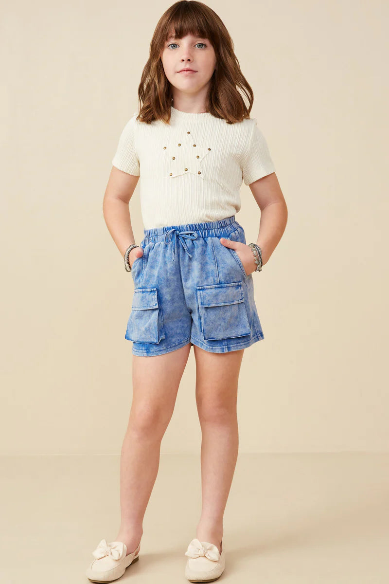Girls Garment Washed Cargo Patch Pocket Knit Shorts