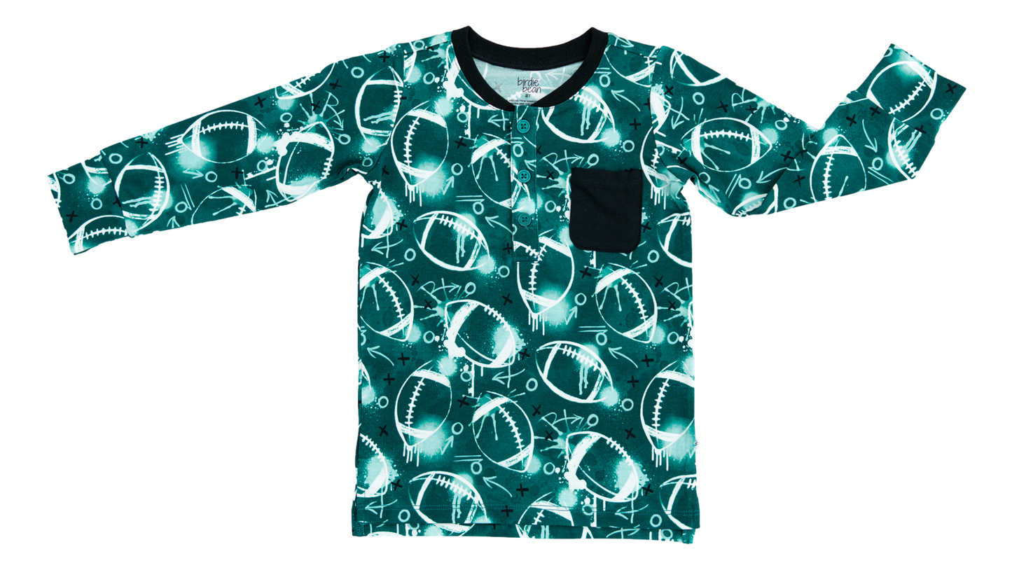 Graffiti Football Henley T-Shirt : GREEN AND WHITE/SILVER