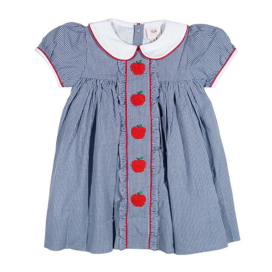 Girls Navy Apple Dress – Smocked Apple Back-to-School Dress with Peter Pan Collar | The Prissy Pelican Boutique Bossier City, LA
