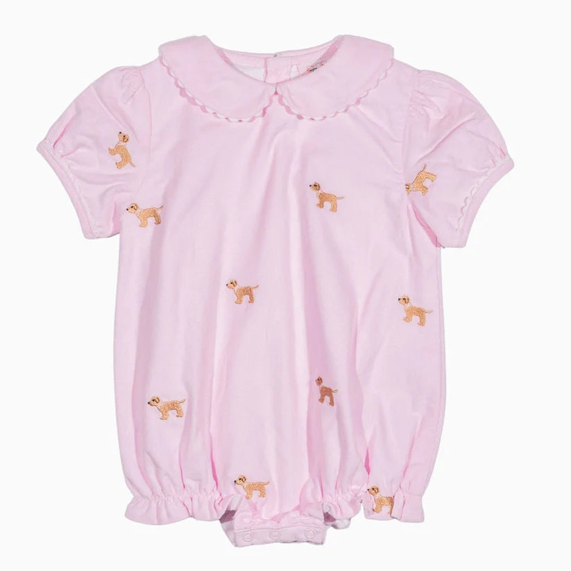 Girls Pink Embroidered Dog Corduroy Bubble | Peter Pan Collar