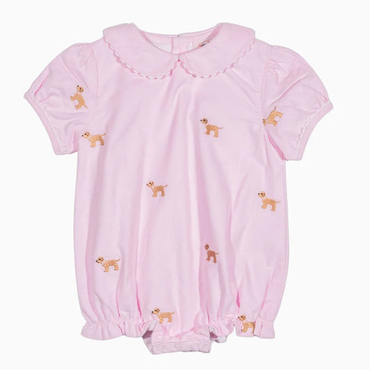 Girls Pink Embroidered Dog Corduroy Bubble | Peter Pan Collar
