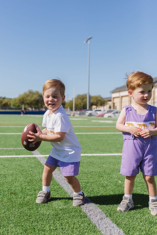 Boys Purple Tiger Smocked Jon Jon – LSU-Inspired Baby & Toddler Game Day Jon Jon | The Prissy Pelican Boutique Bossier City, LA
